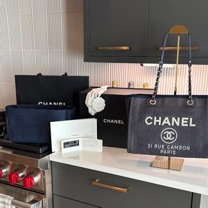 CHANEL Deauville Navy and White Denim Tote